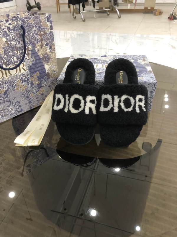 Christian Dior Dway Black Shearling Fur Slide with White Logo