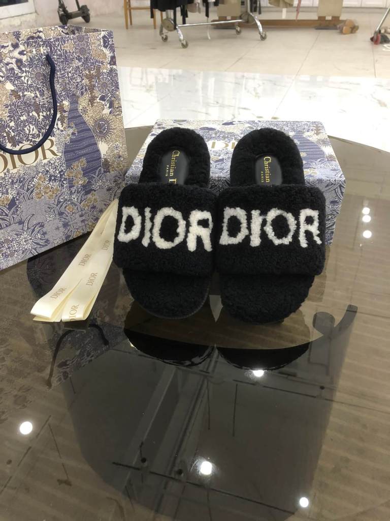 Christian Dior Dway Black Shearling Fur Slide with White Logo