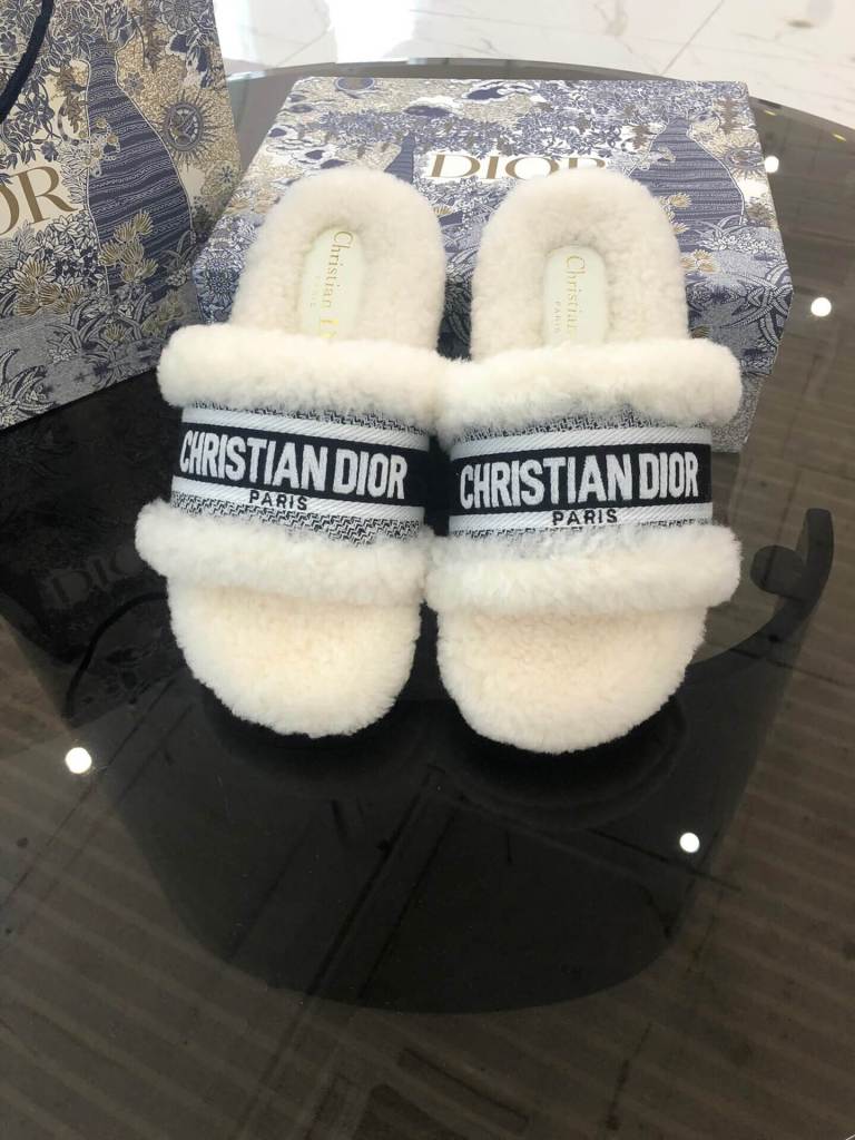 Christian Dior Dway Black White Shearling Fur Logo Chunky Slide