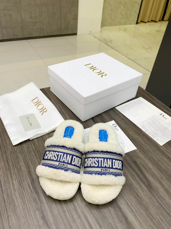 Christian Dior Dway Blue White Shearling Fur Logo Chunky Slide