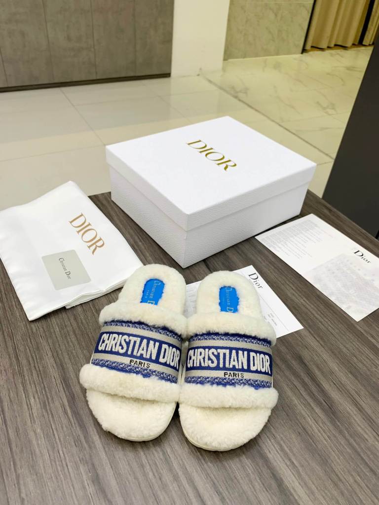 Christian Dior Dway Blue White Shearling Fur Logo Chunky Slide