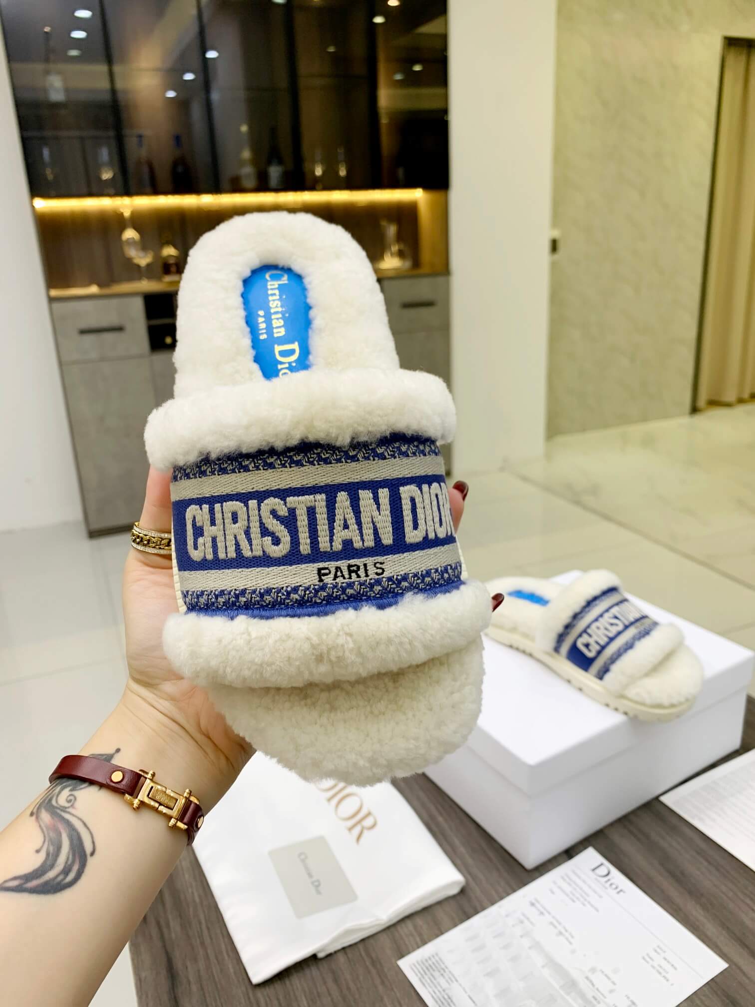Christian Dior Dway Blue White Shearling Fur Logo Chunky Slide - Image 3