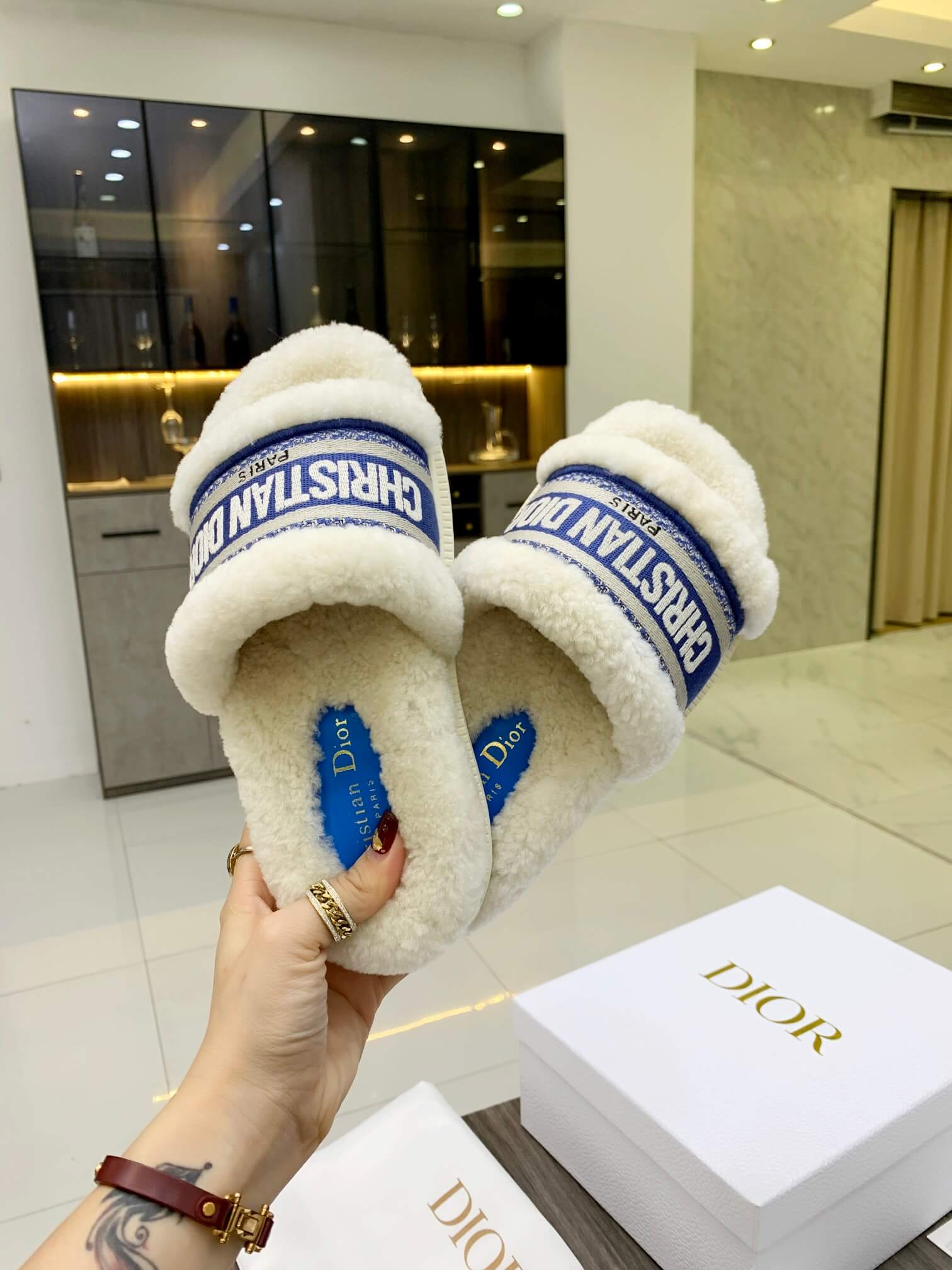 Christian Dior Dway Blue White Shearling Fur Logo Chunky Slide - Image 4
