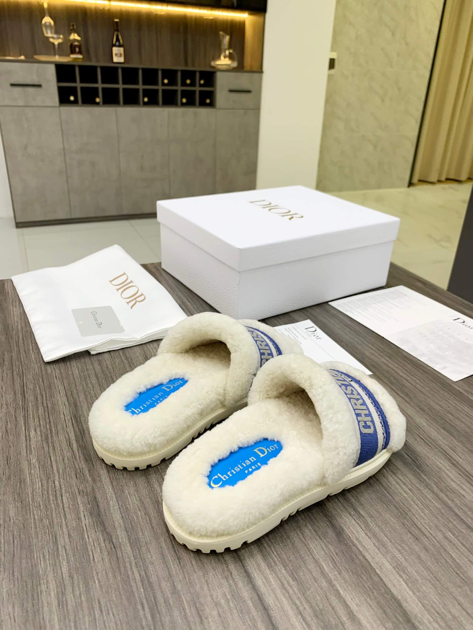 Christian Dior Dway Blue White Shearling Fur Logo Chunky Slide - Image 5
