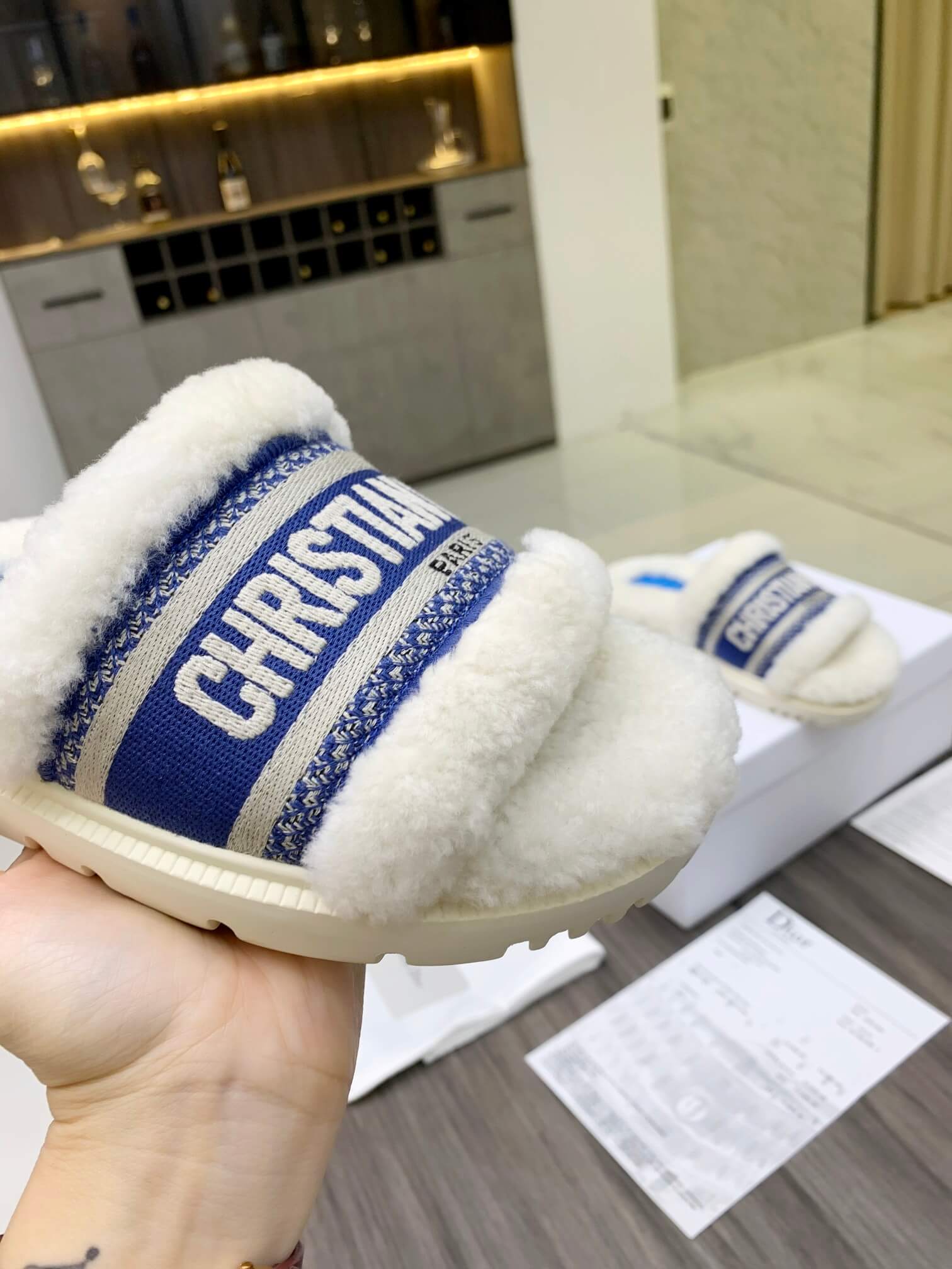 Christian Dior Dway Blue White Shearling Fur Logo Chunky Slide - Image 6