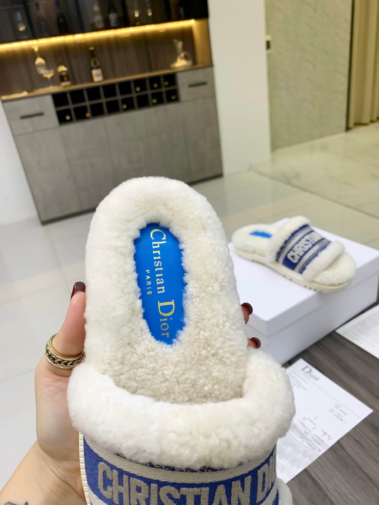Christian Dior Dway Blue White Shearling Fur Logo Chunky Slide - Image 8