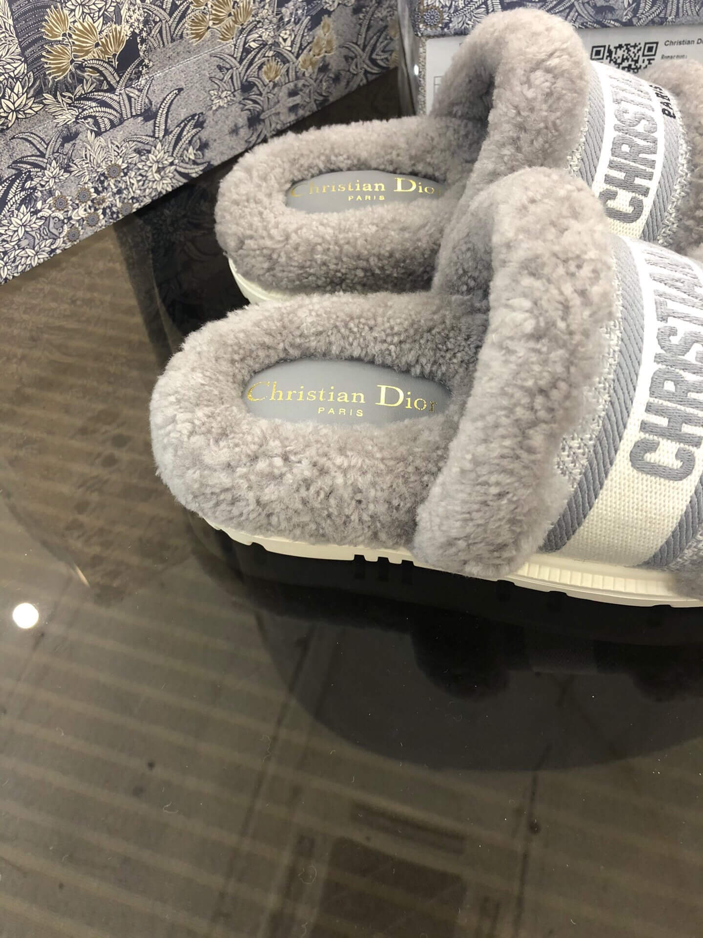 Christian Dior Dway Grey Shearling Fur Logo Chunky Slide - Image 10