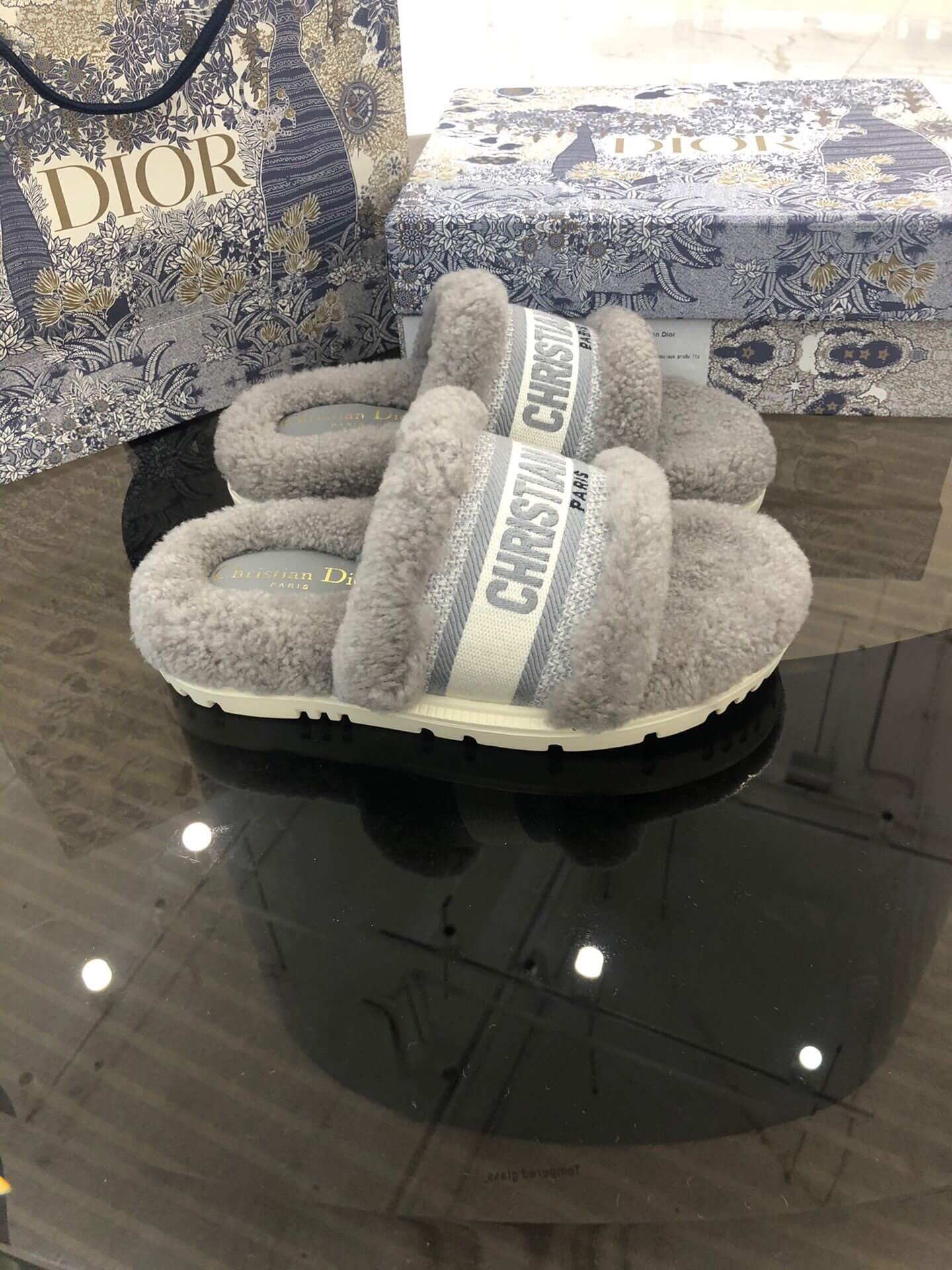 Christian Dior Dway Grey Shearling Fur Logo Chunky Slide - Image 2