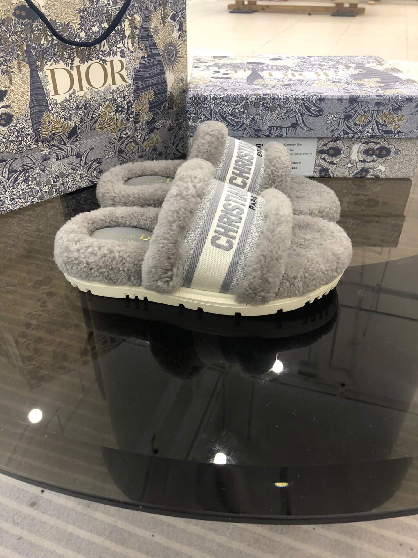 Christian Dior Dway Grey Shearling Fur Logo Chunky Slide - Image 3