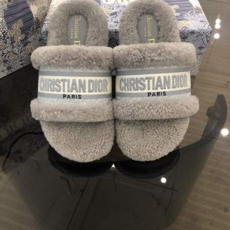 Christian Dior Dway Grey Shearling Fur Logo Chunky Slide