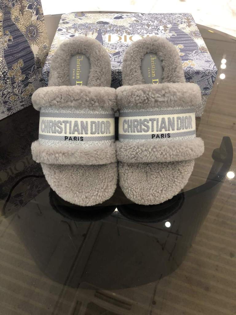 Christian Dior Dway Grey Shearling Fur Logo Chunky Slide