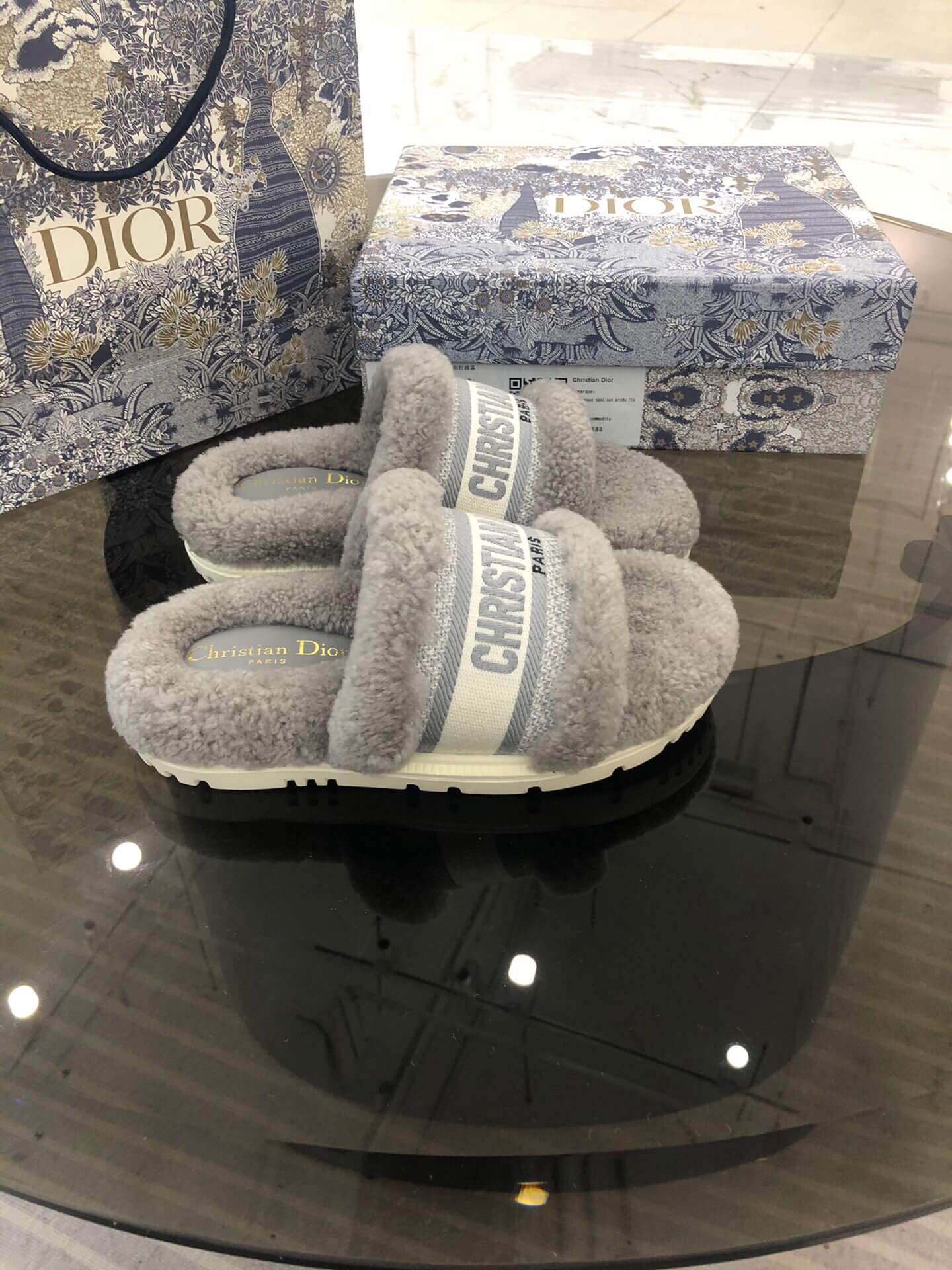 Christian Dior Dway Grey Shearling Fur Logo Chunky Slide - Image 7