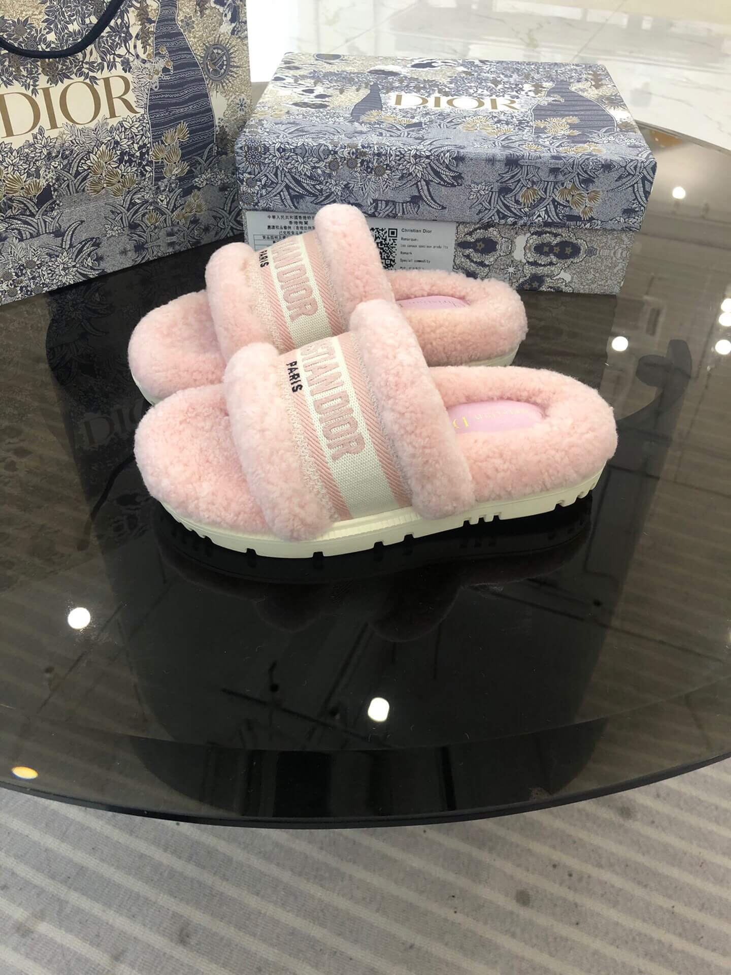 Christian Dior Dway Pink Shearling Fur Logo Chunky Slide - Image 2