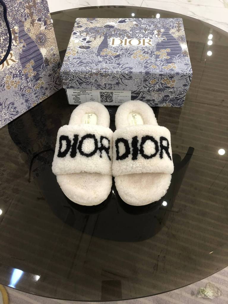 Christian Dior Dway White Shearling Fur Slide with Black Logo