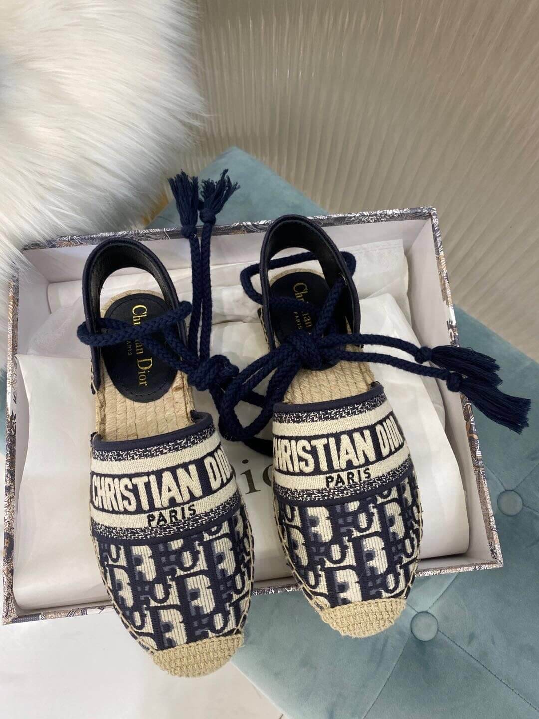 Christian Dior Granville Espadrille Sandal Black with Beige Dior Prints - Image 7