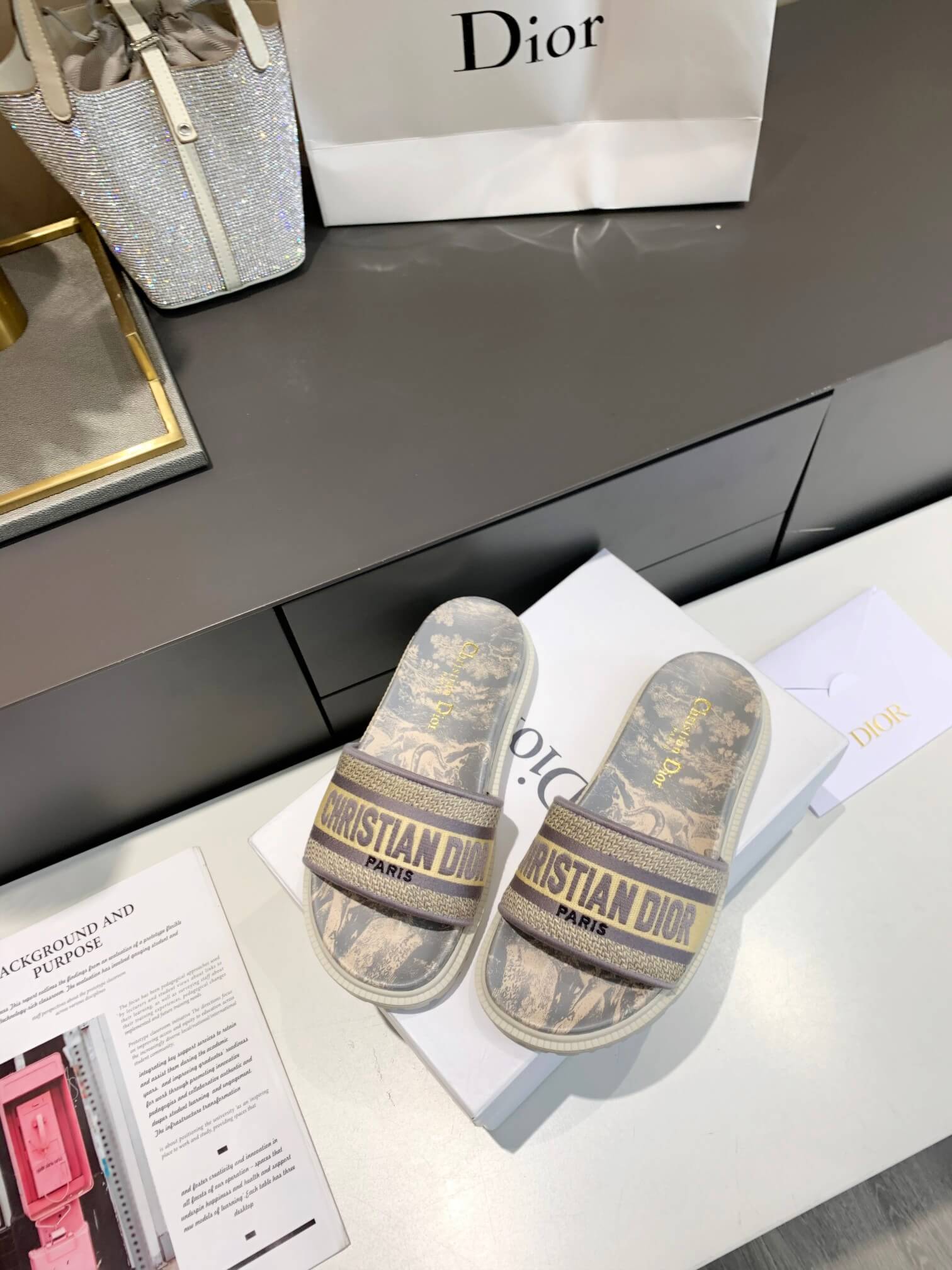 Dior D-Way Beige Toile de Jouy with Light Gold Embroidered Strap Slides - Image 3