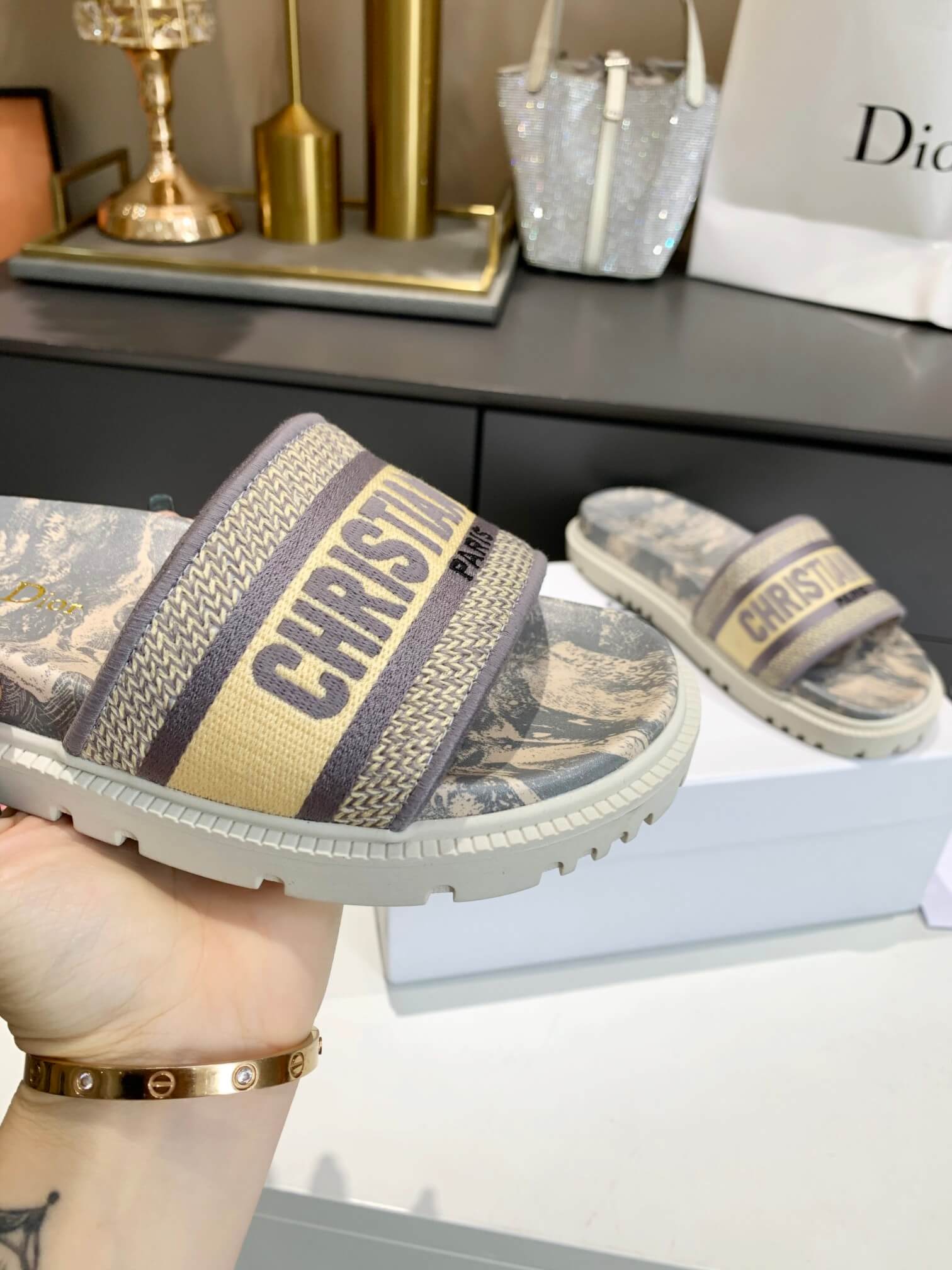 Dior D-Way Beige Toile de Jouy with Light Gold Embroidered Strap Slides - Image 4