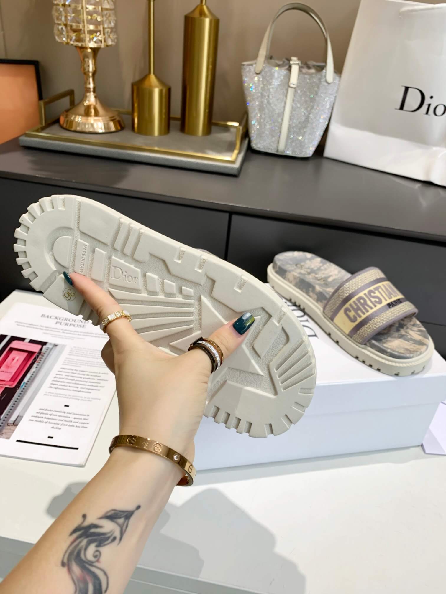 Dior D-Way Beige Toile de Jouy with Light Gold Embroidered Strap Slides - Image 5