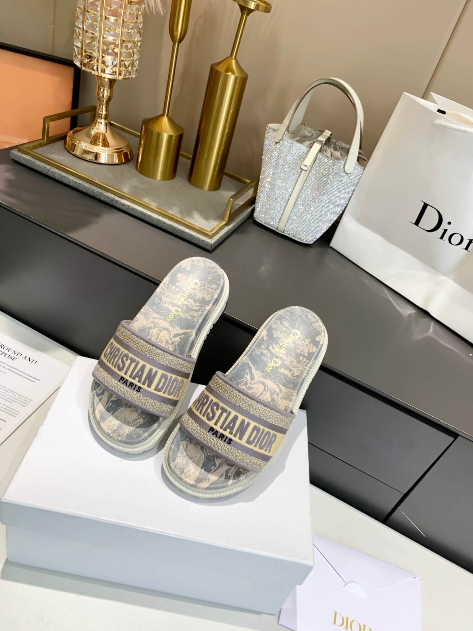 Dior D-Way Beige Toile de Jouy with Light Gold Embroidered Strap Slides - Image 7