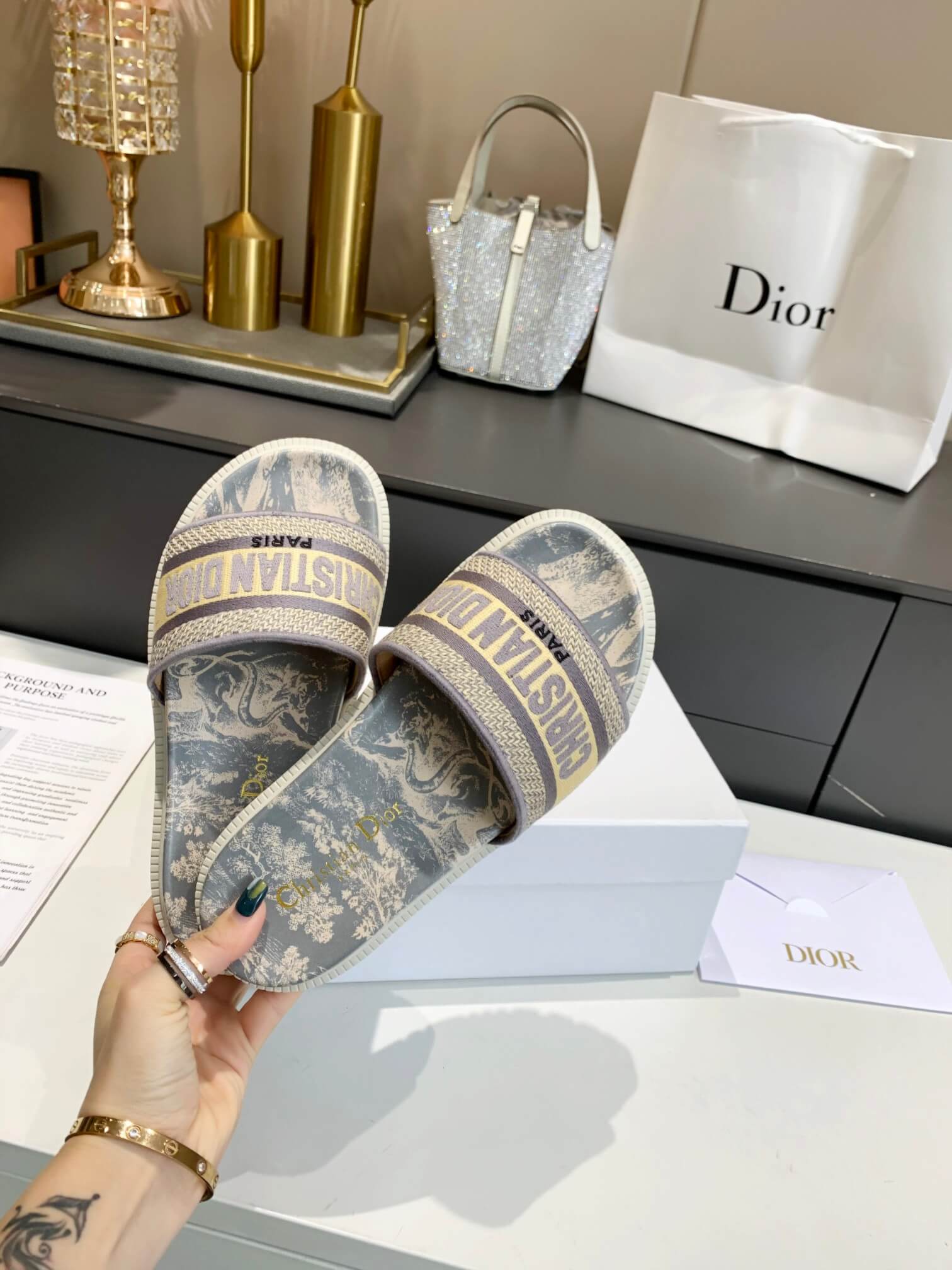 Dior D-Way Beige Toile de Jouy with Light Gold Embroidered Strap Slides - Image 9
