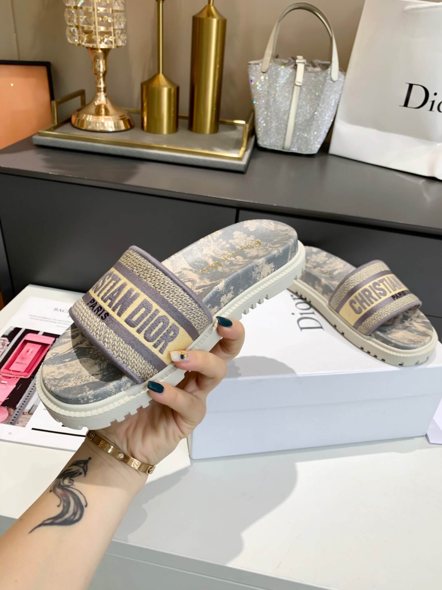 Dior D-Way Beige Toile de Jouy with Light Gold Embroidered Strap Slides - Image 10