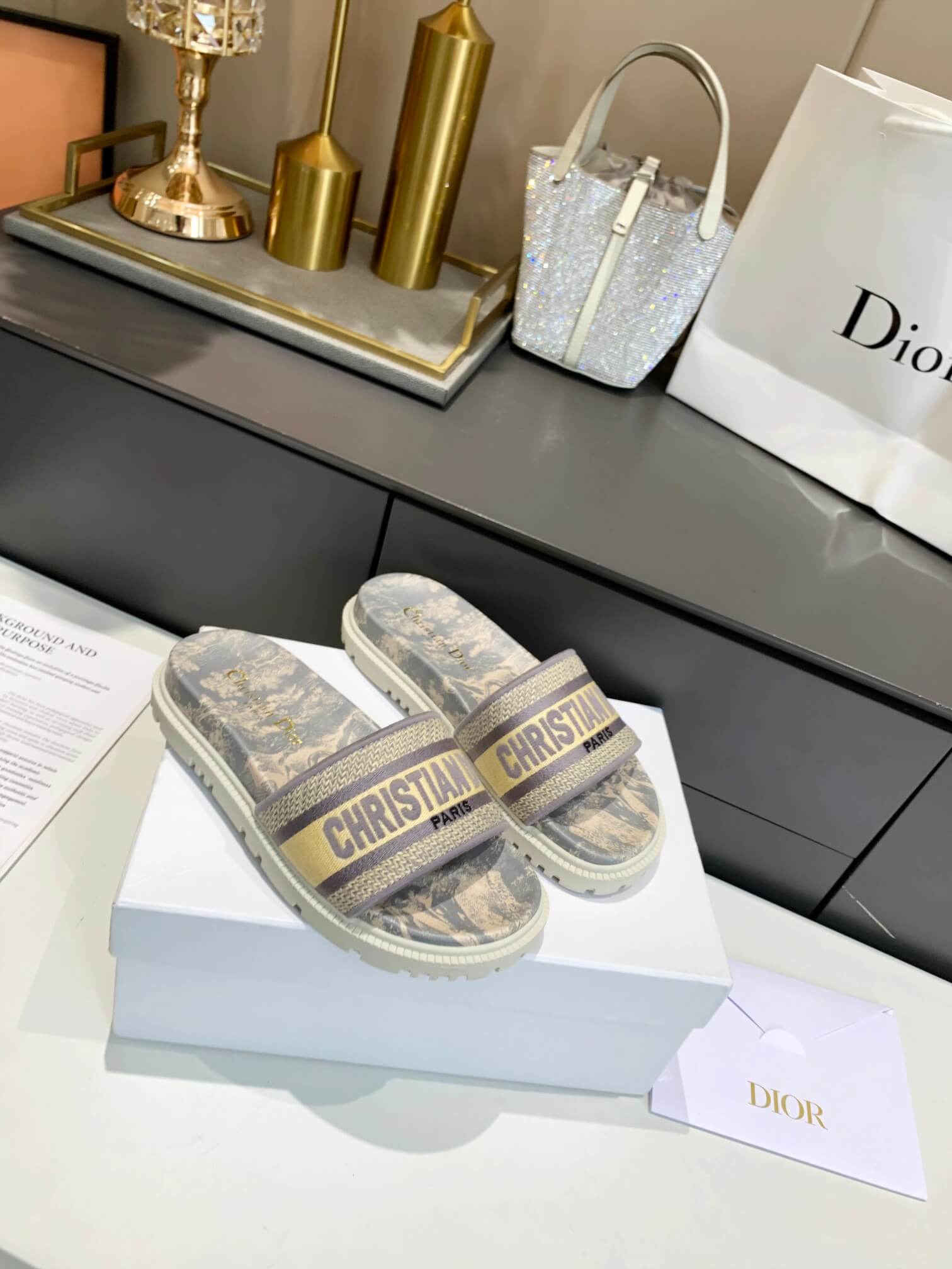 Dior D-Way Beige Toile de Jouy with Light Gold Embroidered Strap Slides - Image 2