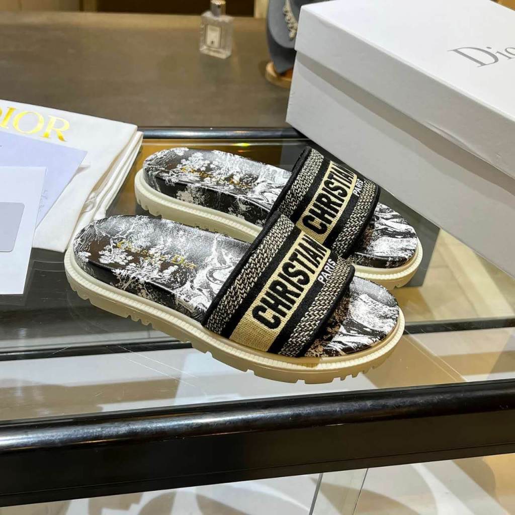 Dior D-Way Black and Beige with Gold-Tone Embroidered Strap Slide