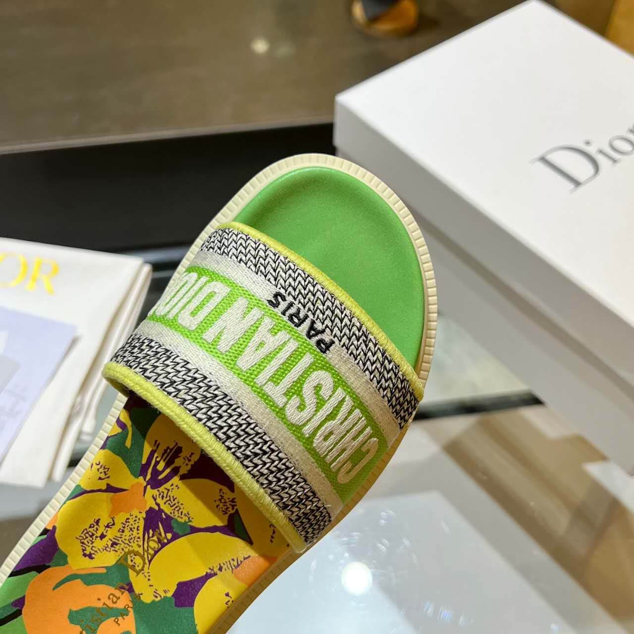 Dior D-Way Lime Green Multicolor with Cream Embroidered Strap Slide - Image 3