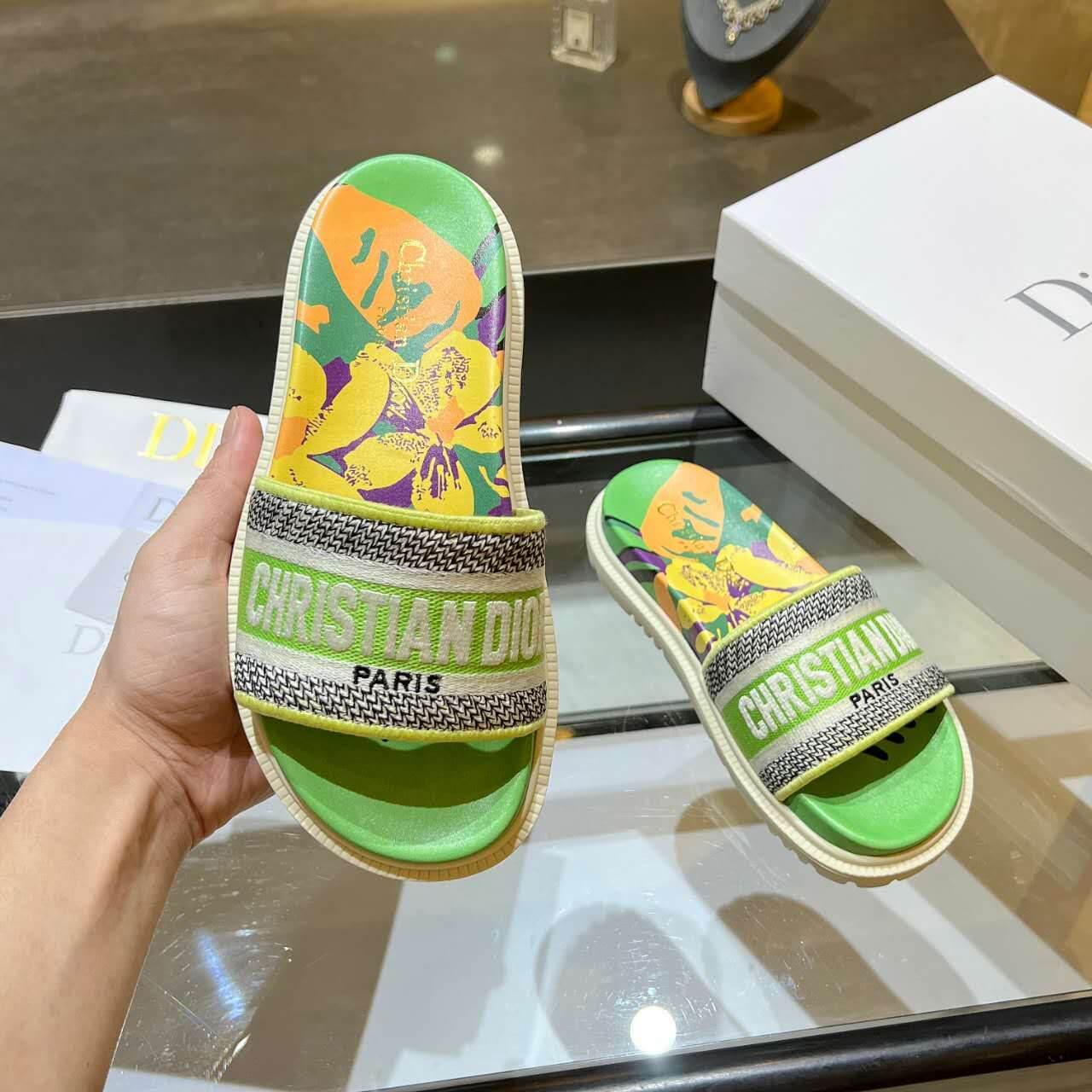 Dior D-Way Lime Green Multicolor with Cream Embroidered Strap Slide - Image 5