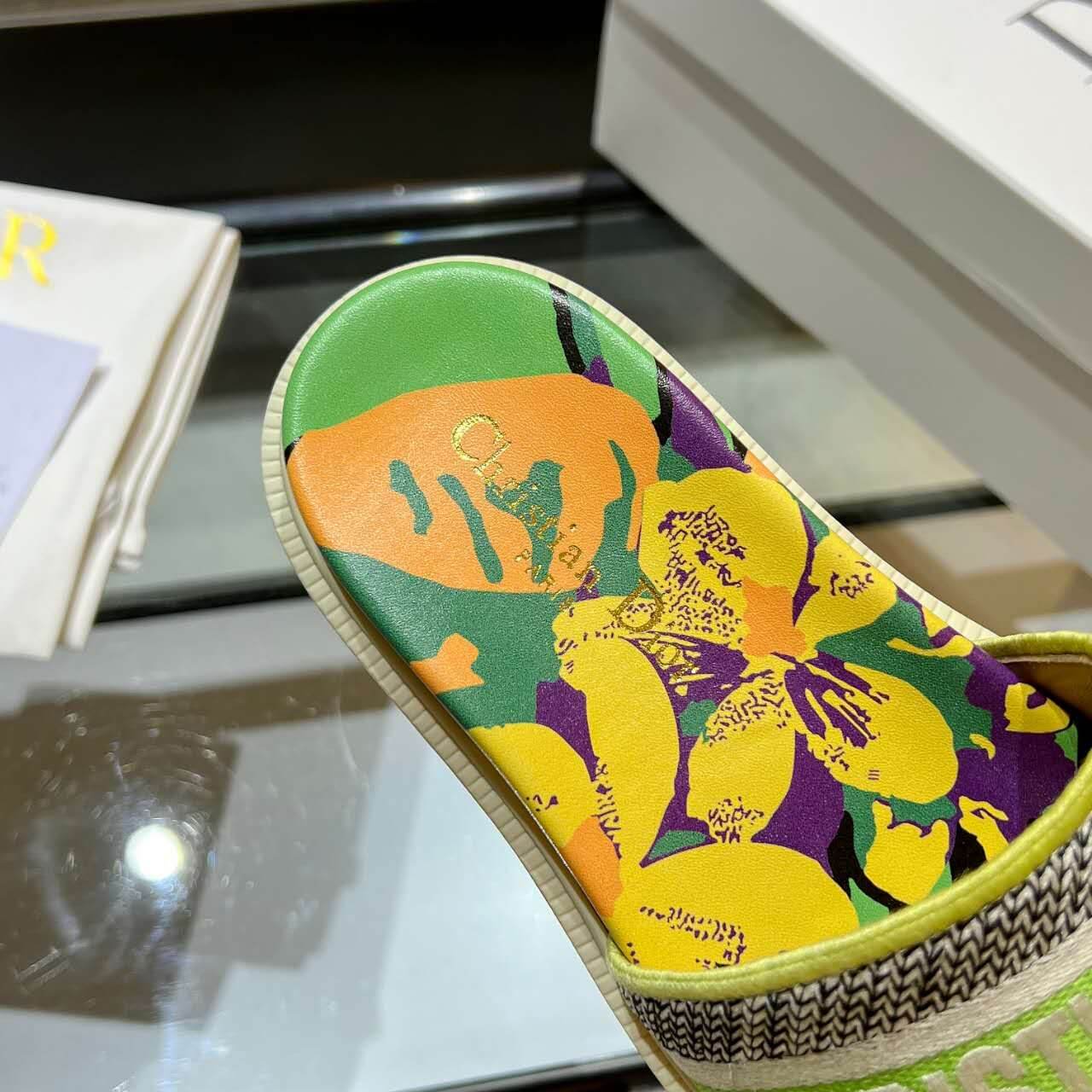 Dior D-Way Lime Green Multicolor with Cream Embroidered Strap Slide - Image 6