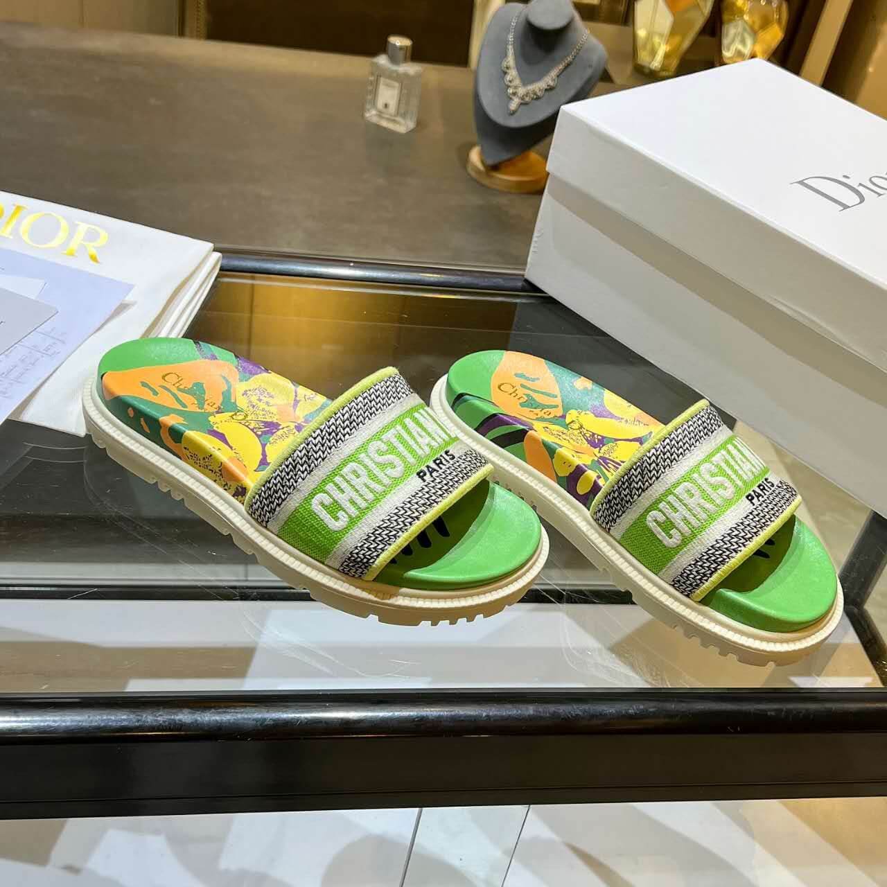 Dior D-Way Lime Green Multicolor with Cream Embroidered Strap Slide - Image 8