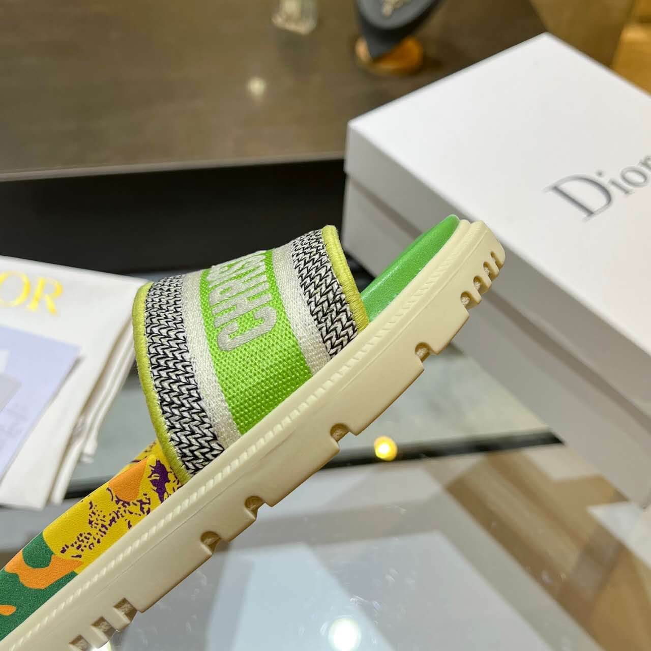 Dior D-Way Lime Green Multicolor with Cream Embroidered Strap Slide - Image 2