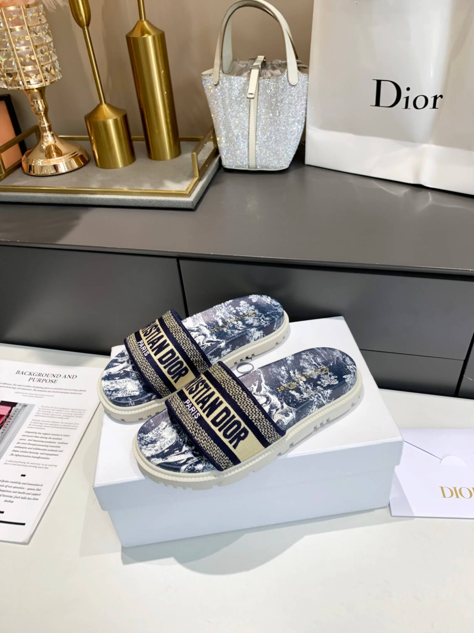 Dior D-Way Navy Blue Toile de Jouy with Beige Embroidered Strap Slides - Image 9