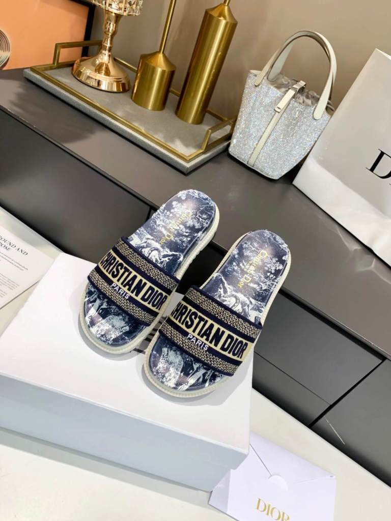 Dior D-Way Navy Blue Toile de Jouy with Beige Embroidered Strap Slides