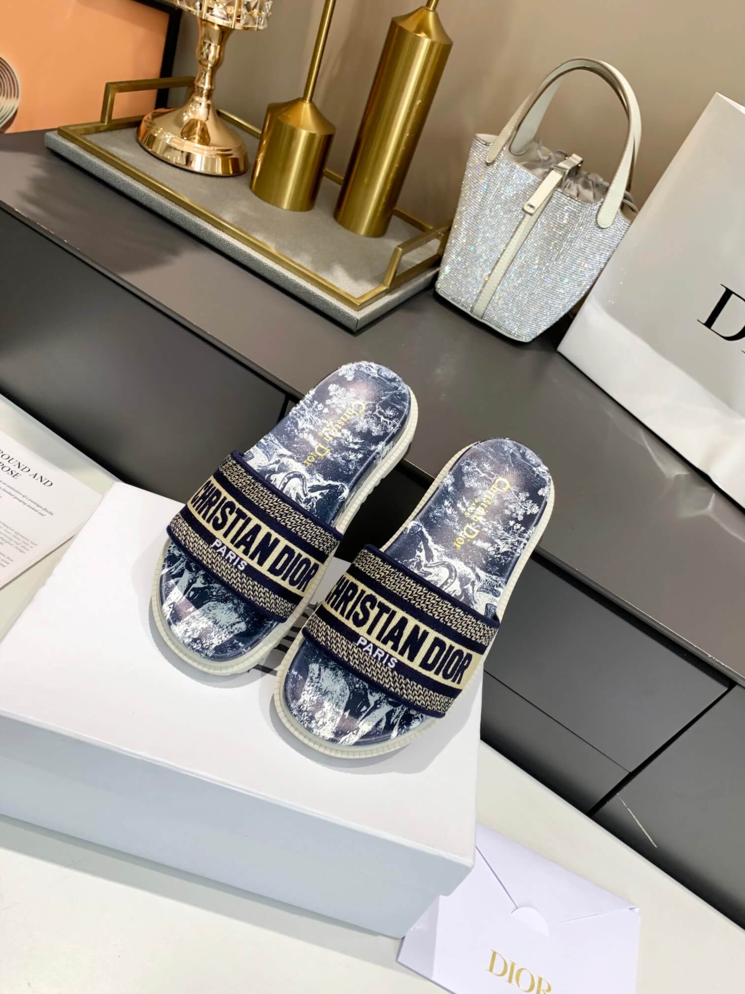 Dior D-Way Navy Blue Toile de Jouy with Beige Embroidered Strap Slides