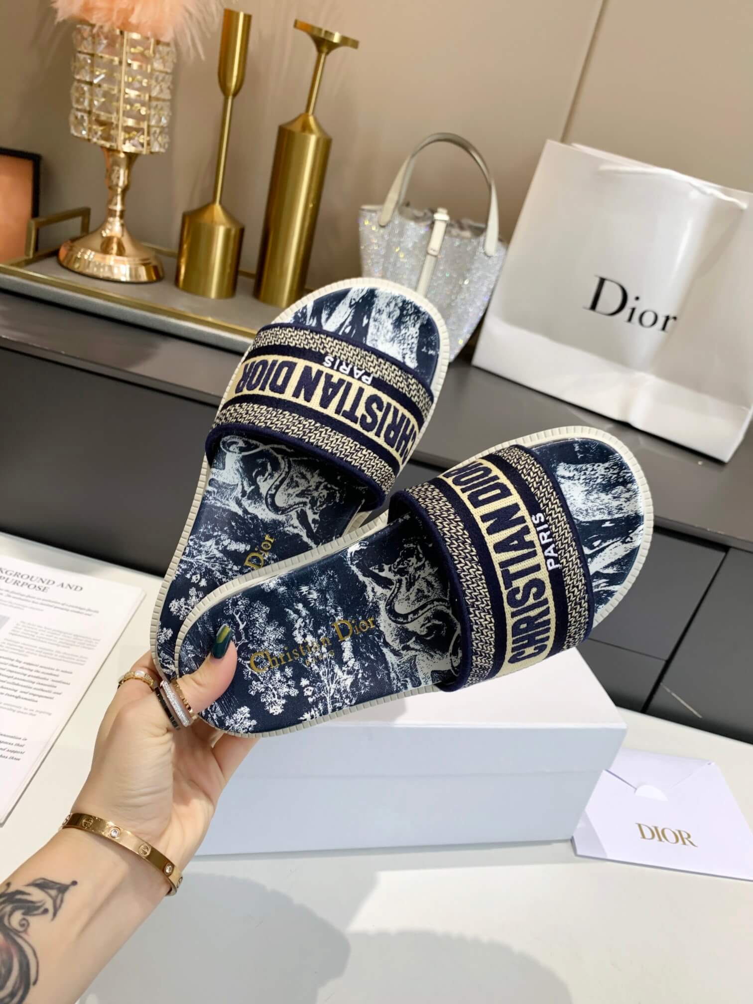 Dior D-Way Navy Blue Toile de Jouy with Beige Embroidered Strap Slides - Image 3