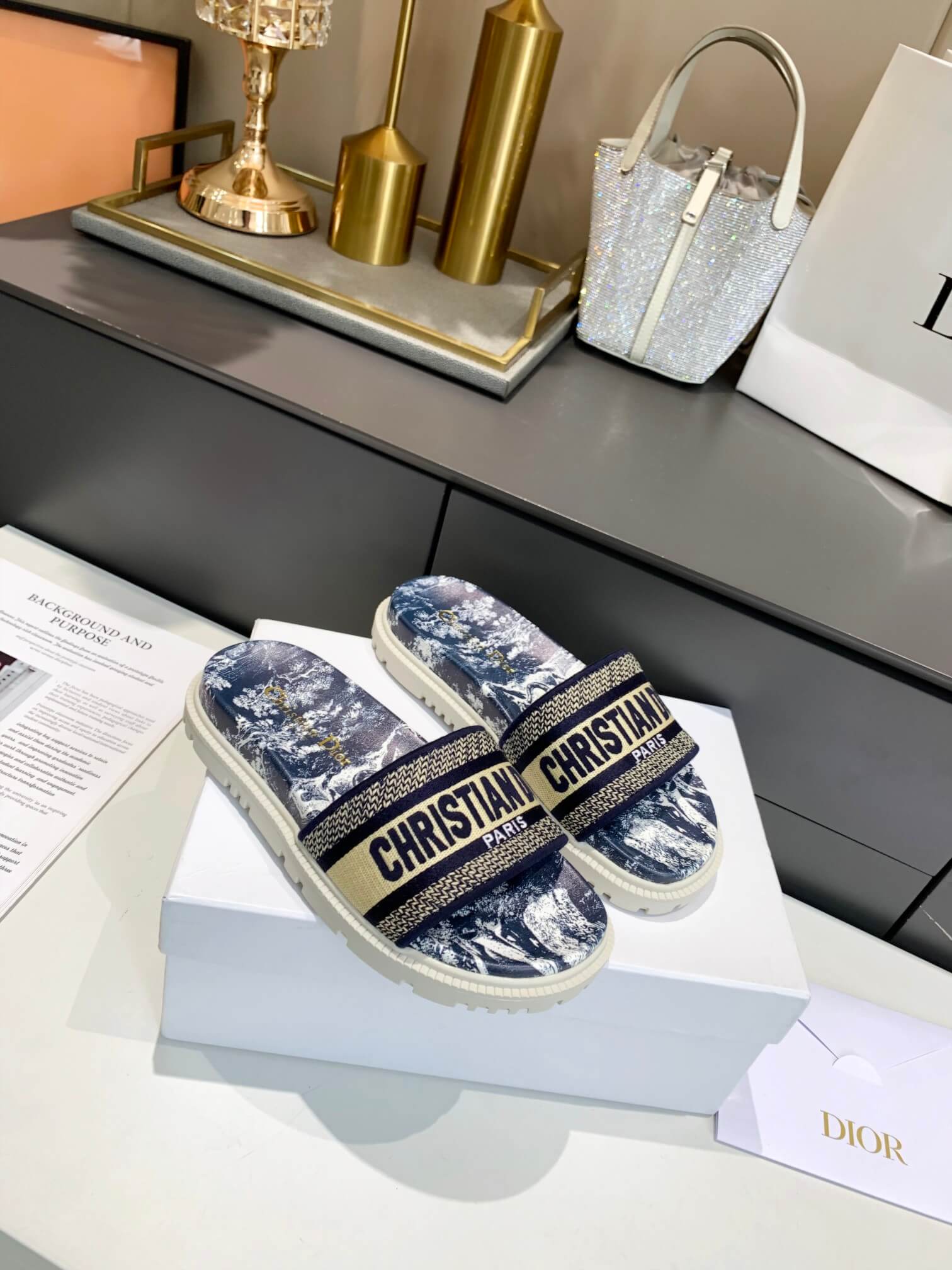 Dior D-Way Navy Blue Toile de Jouy with Beige Embroidered Strap Slides - Image 4