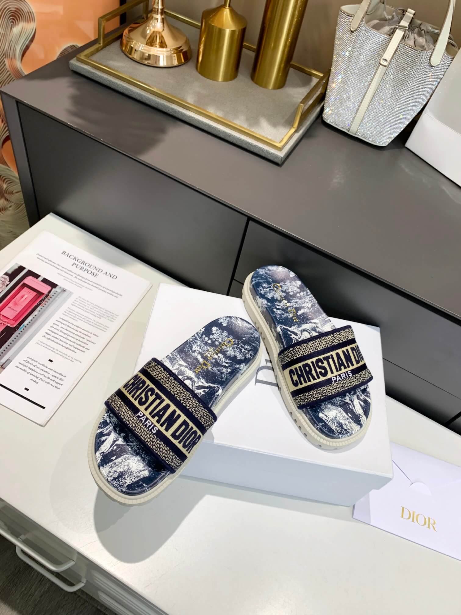 Dior D-Way Navy Blue Toile de Jouy with Beige Embroidered Strap Slides - Image 5