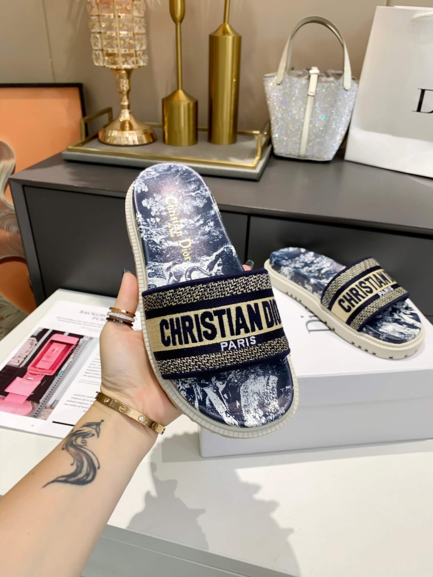 Dior D-Way Navy Blue Toile de Jouy with Beige Embroidered Strap Slides - Image 6
