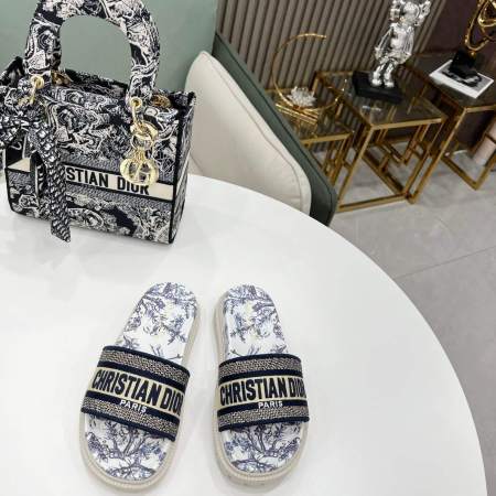 Dior D-Way Navy Blue and White Toile de Jouy with Cream Embroidered Strap Slide