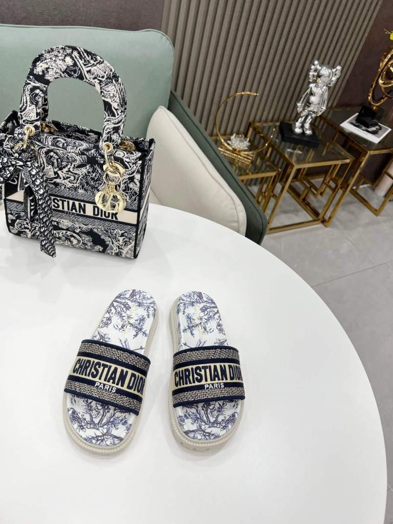 Dior D-Way Navy Blue and White Toile de Jouy with Cream Embroidered Strap Slide