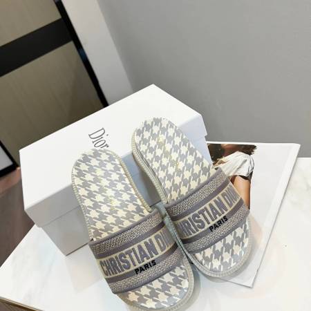 Dior D-Way  Pink and White Houndstooth with Coordinating Embroidered Strap Slides