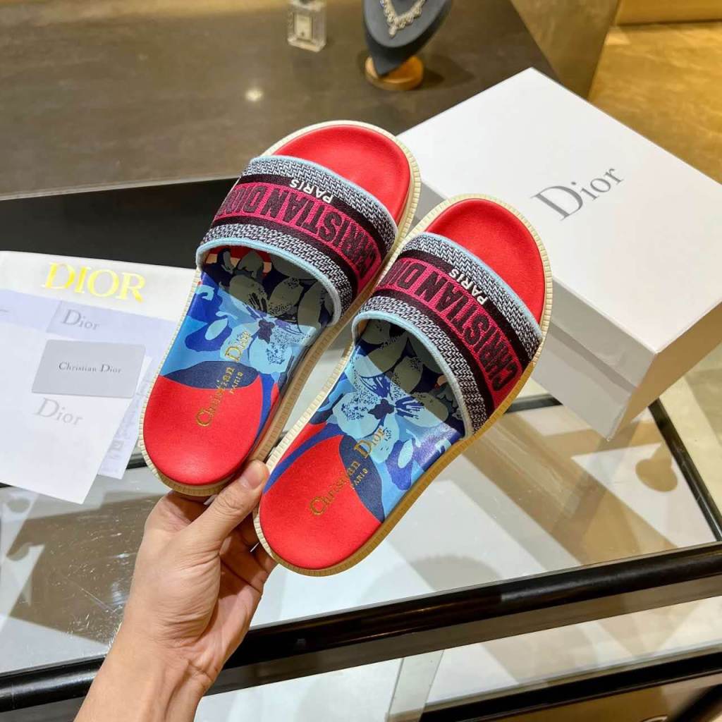 Dior D-Way Red and Navy Multicolor with Vibrant Embroidered Strap Slide