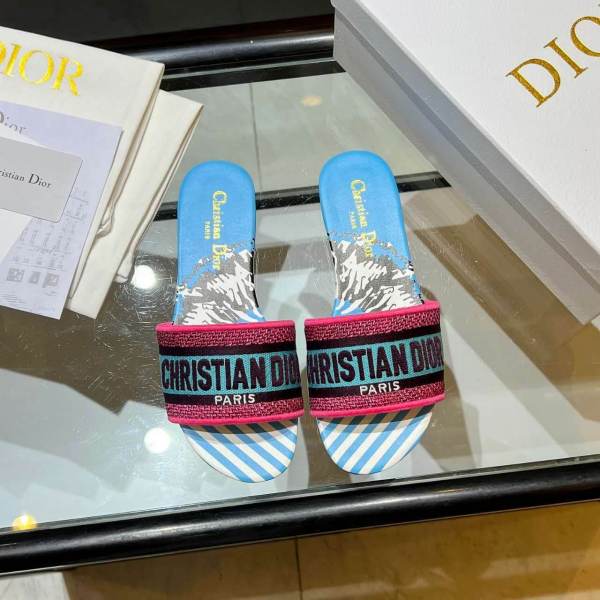 Dior Dway Blue with Pink and Black Embroidered Strap Slide Sandals