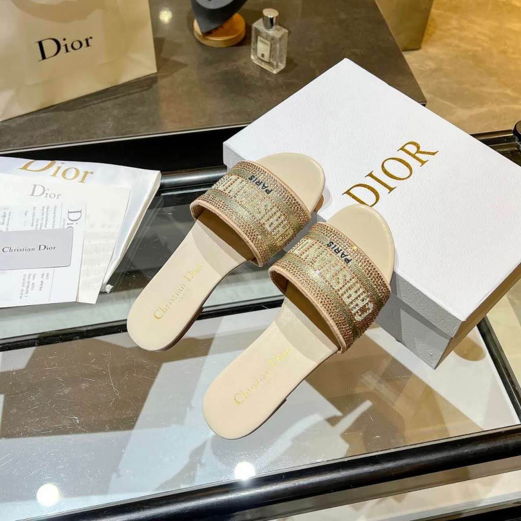 Dior Dway Gold Crystal Embellished Slide Sandals
