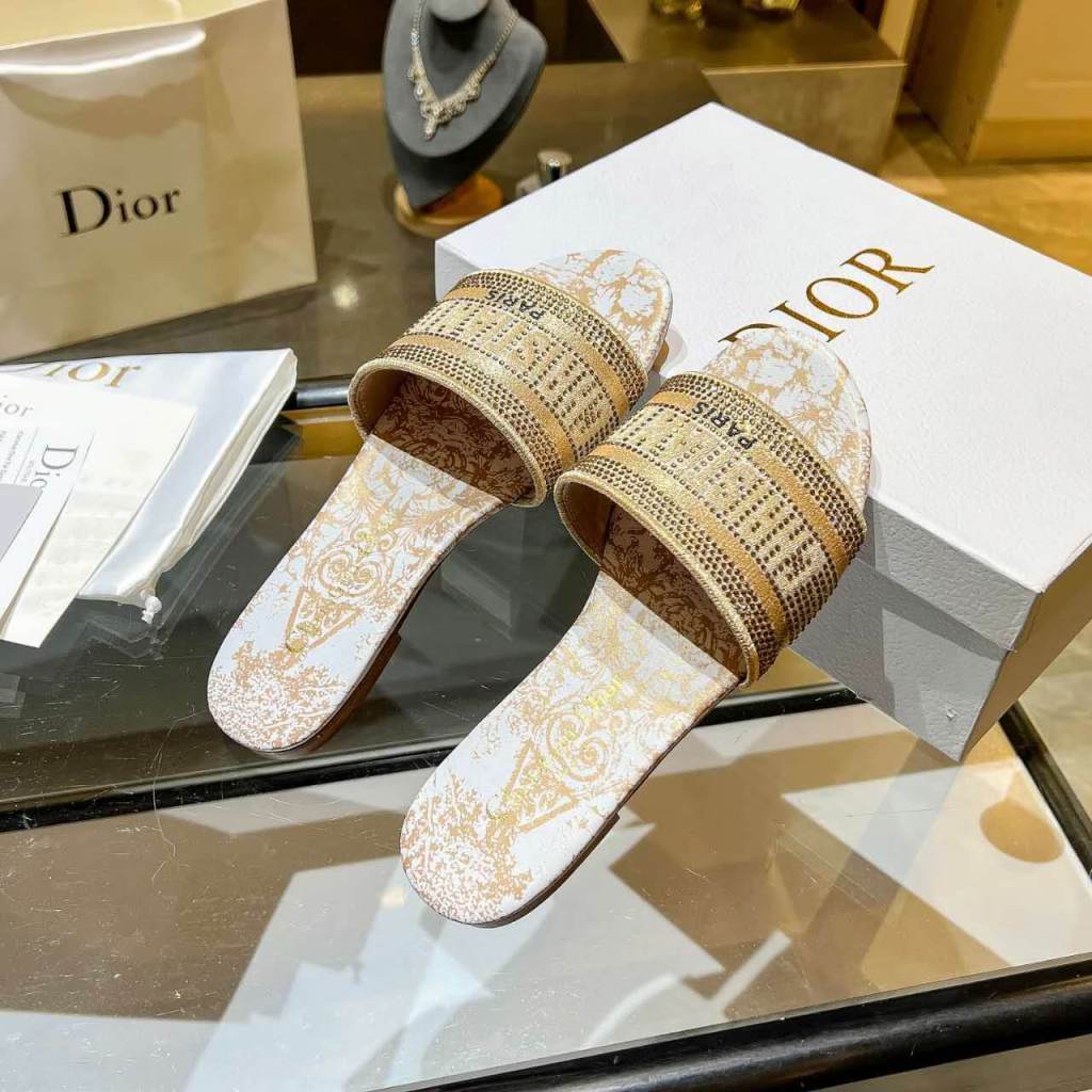 Dior Dway Gold Embellished Slide Sandals