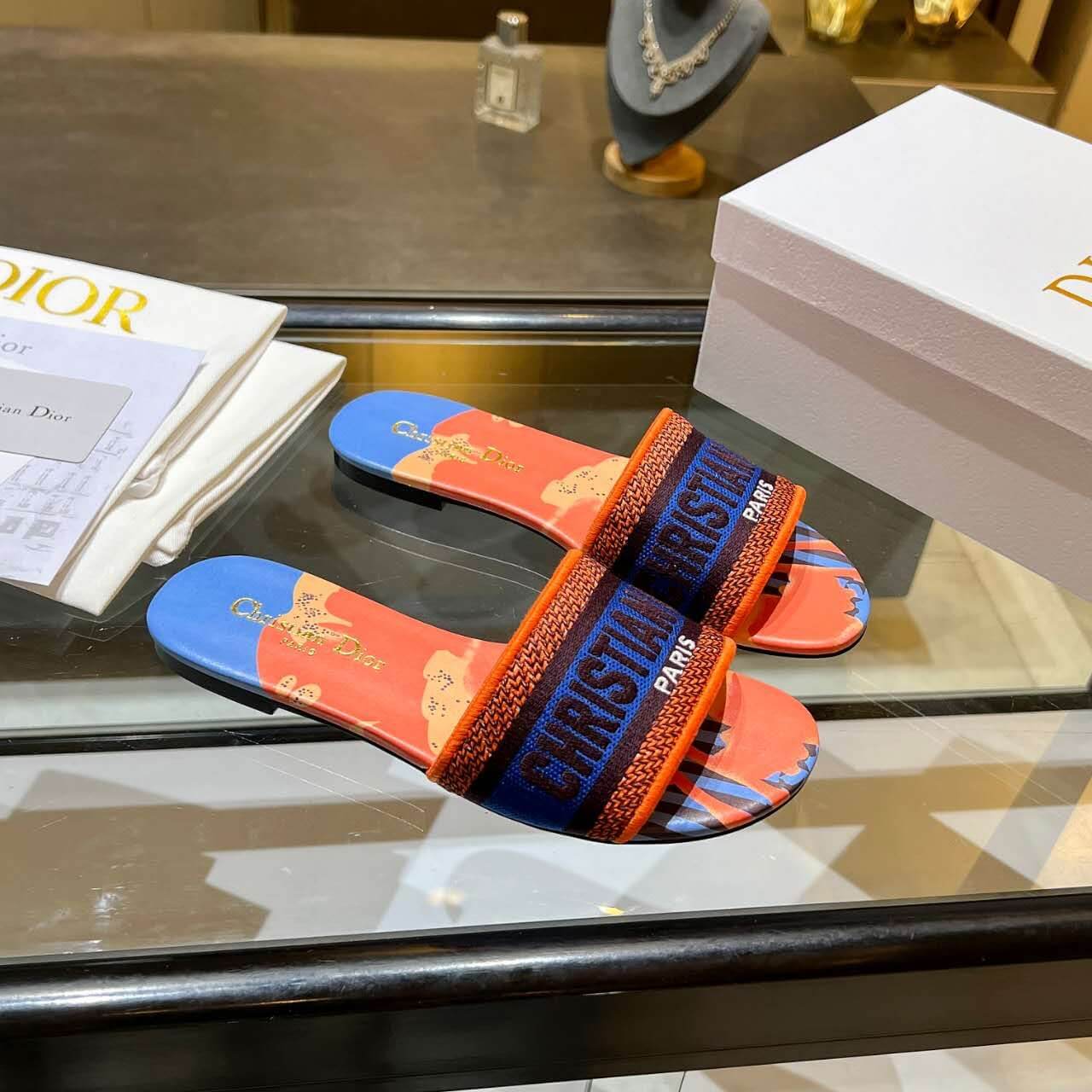 Dior Dway Orange Multicolor with Navy Blue Embroidered Strap Slide Sandals