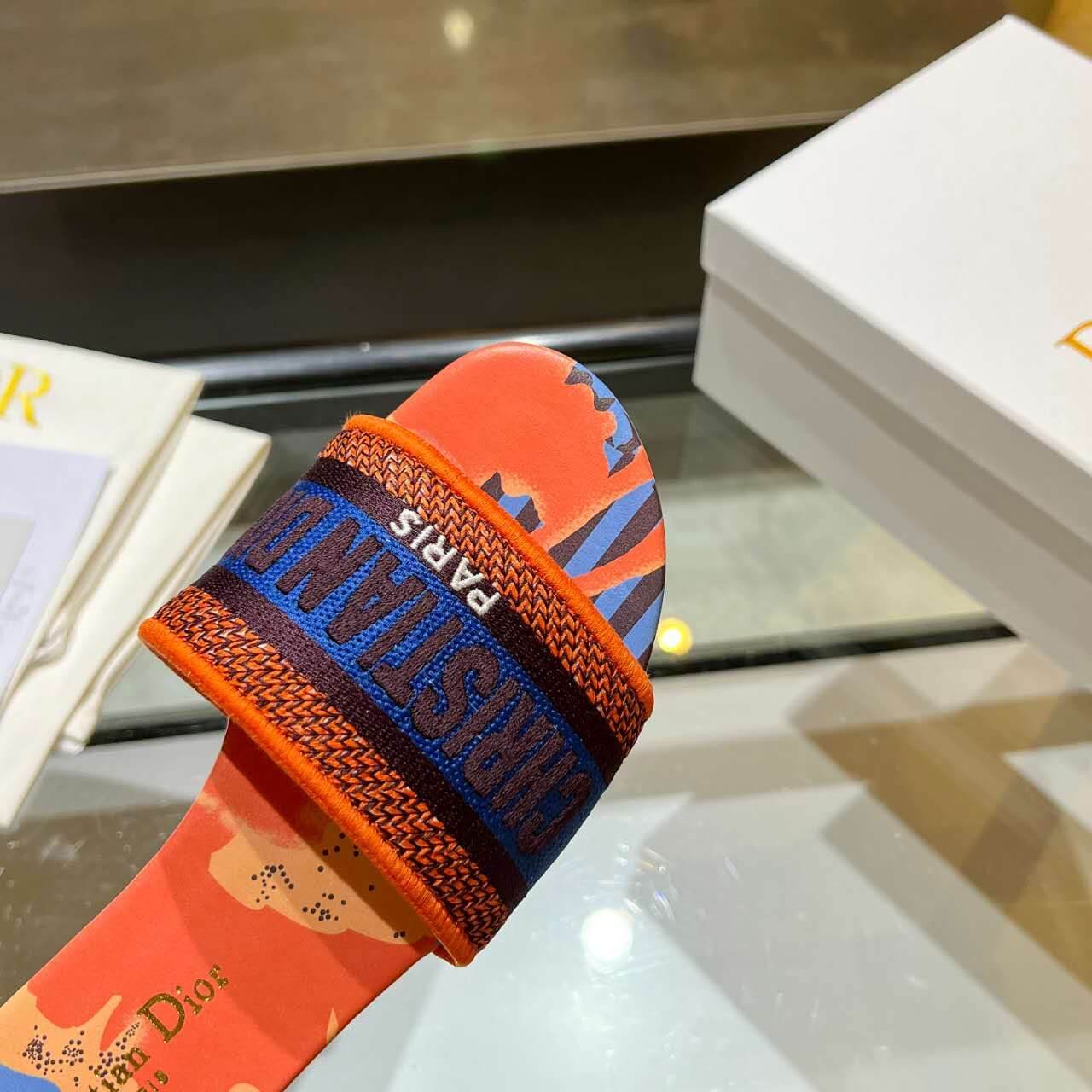 Dior Dway Orange Multicolor with Navy Blue Embroidered Strap Slide Sandals - Image 2