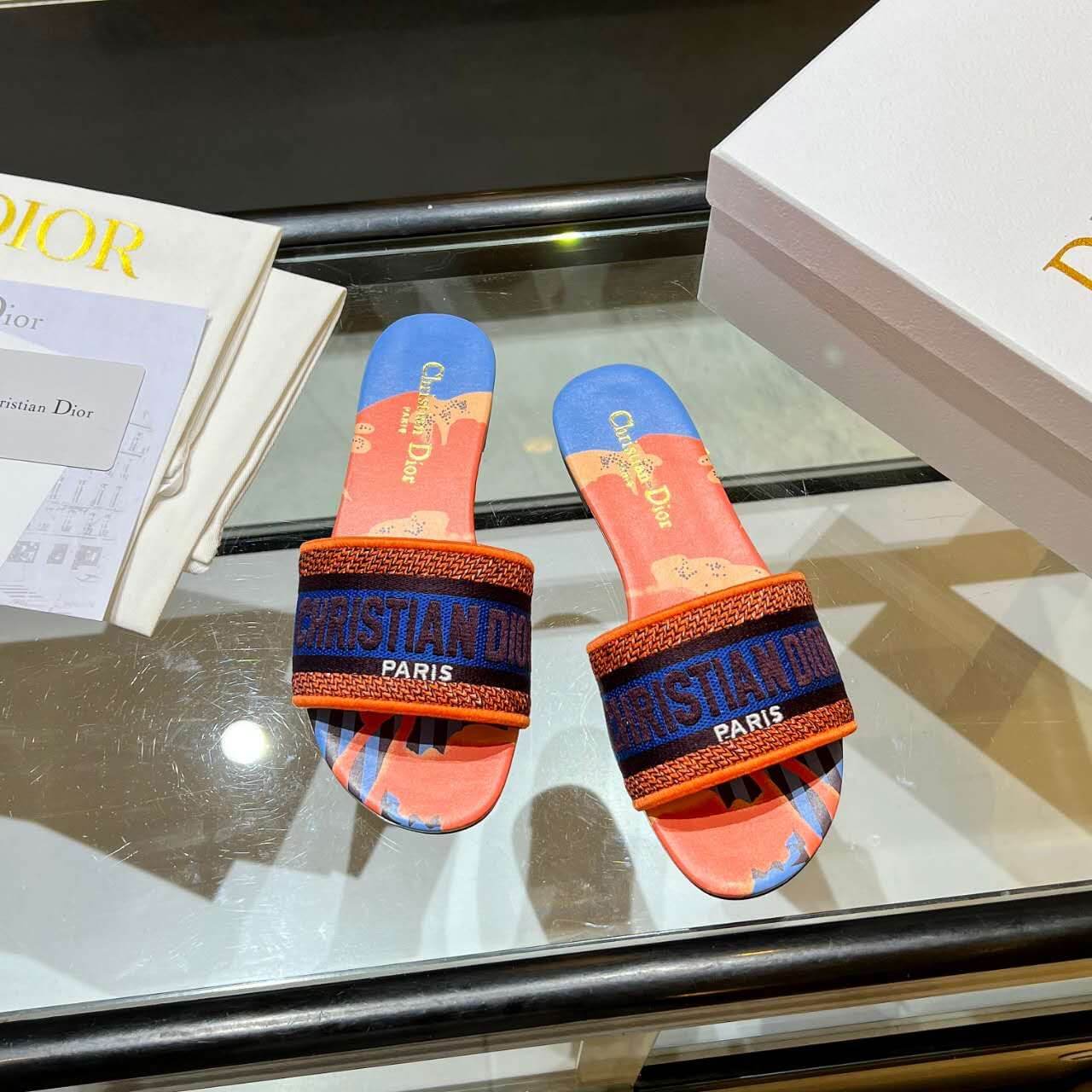 Dior Dway Orange Multicolor with Navy Blue Embroidered Strap Slide Sandals - Image 3