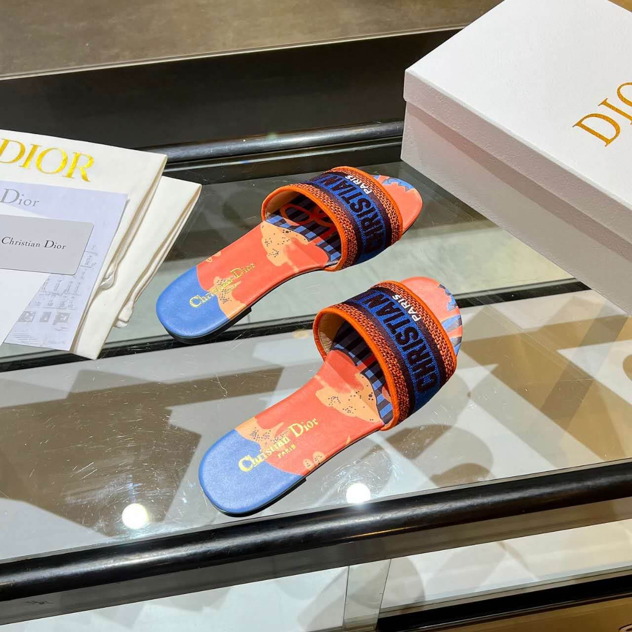 Dior Dway Orange Multicolor with Navy Blue Embroidered Strap Slide Sandals - Image 5